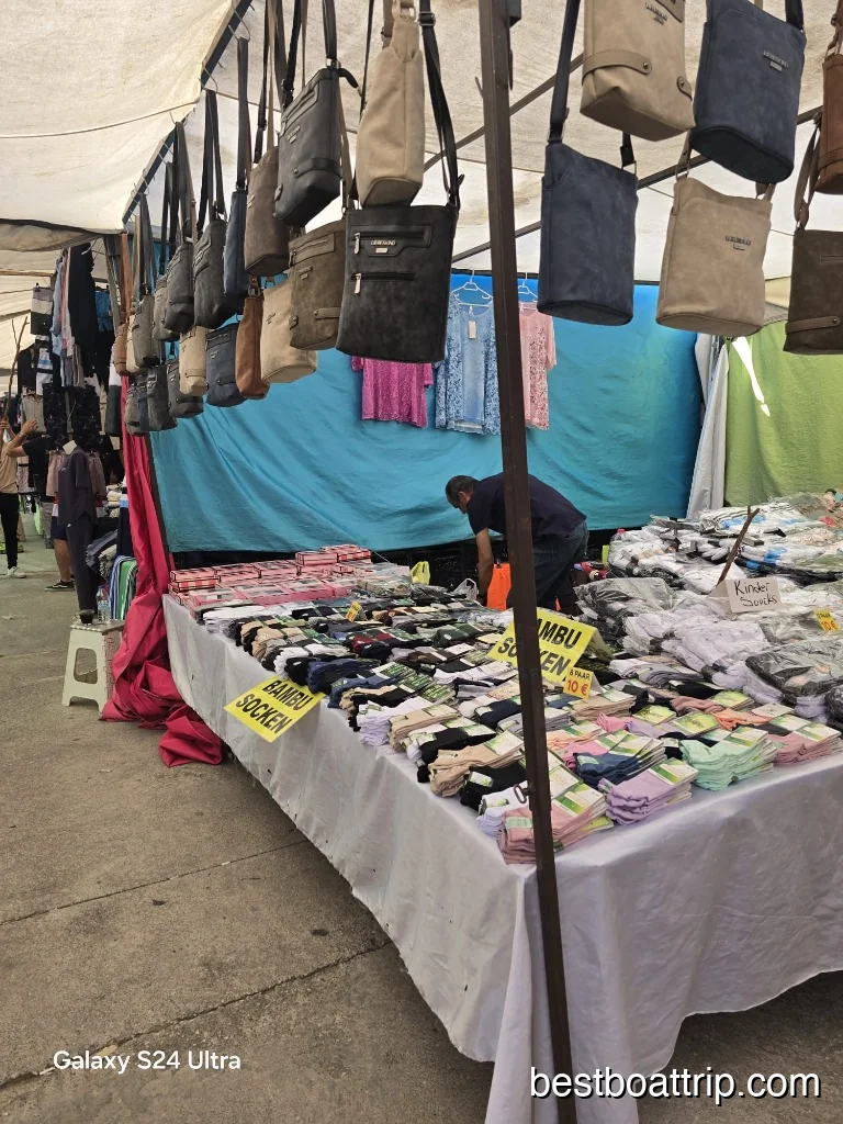 Leather bags and accessories stall at the Manavgat Market