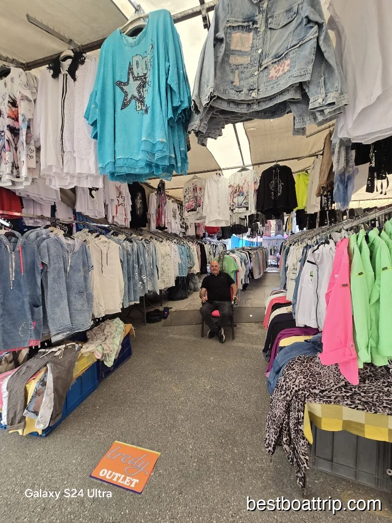 Colorful clothing stalls at the Manavgat Grand Bazaar
