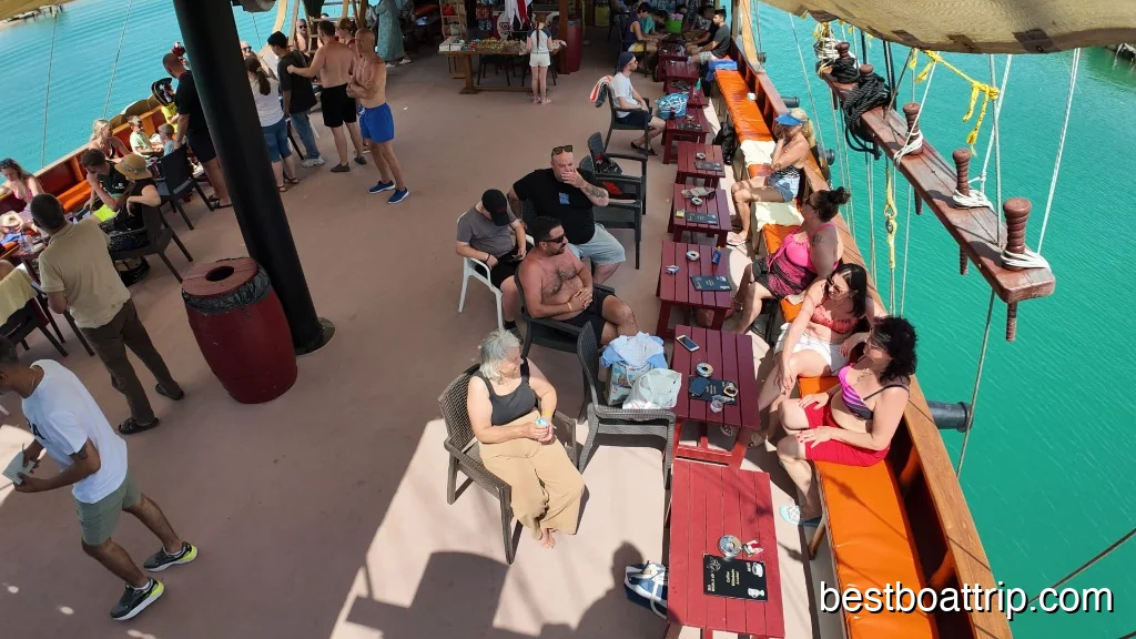 Guests relaxing on the spacious boat deck during the Manavgat river cruise